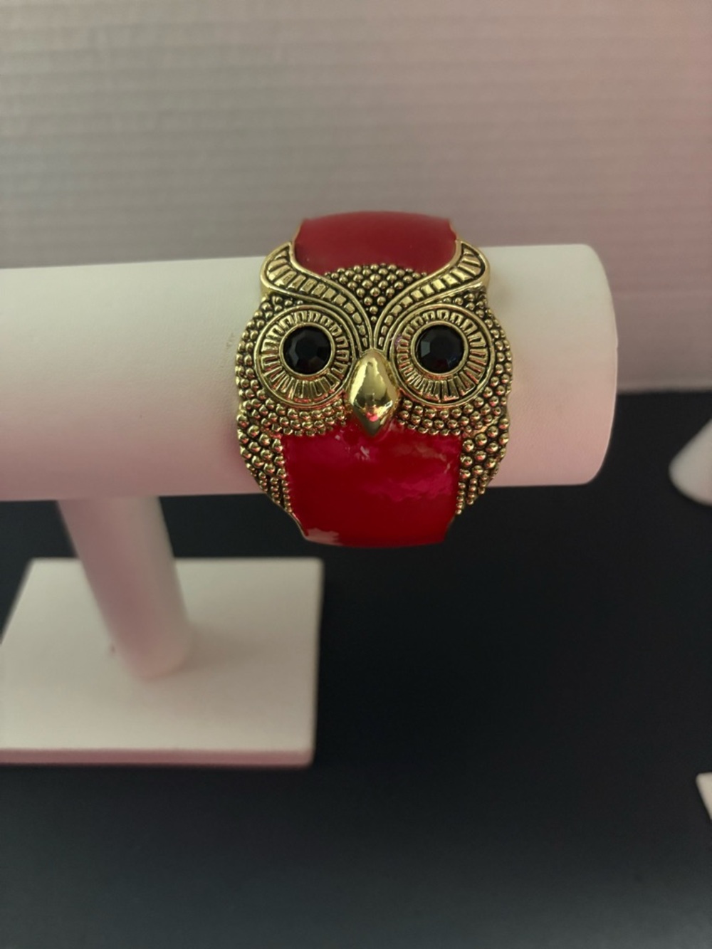 Gold Owl Statement Bracelet with Red Enamel